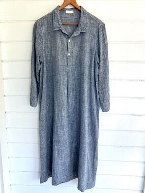 CP SHADES 100% Linen Chambray Pop Over Long Sleeved Shirt Dress - L